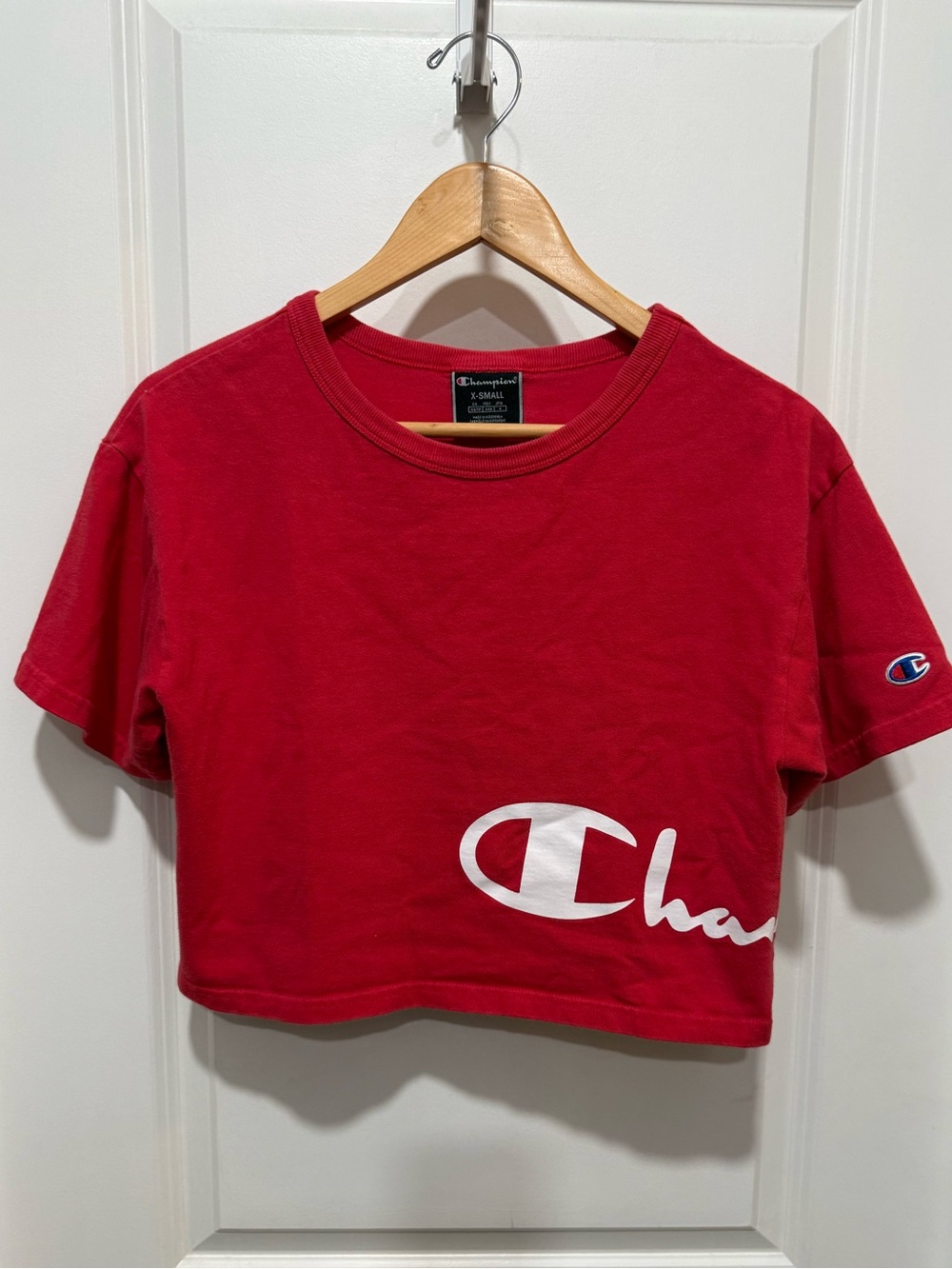 Champion Logo Crop Tee Red Cotton Oversized XSmall